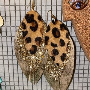 Gold Leather Leopard Earrings